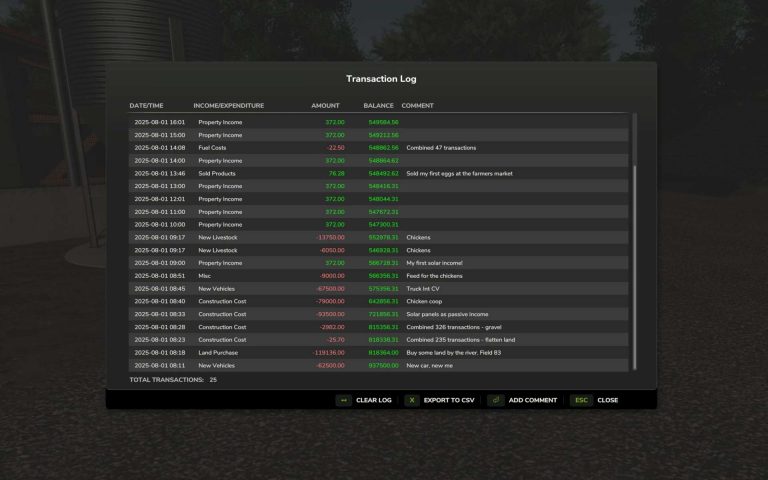 Log Fs22 Transaction Log v1.0.1.1 FS25 Mod | Farming Simulator 22 Mod